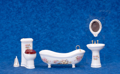 Porcelain Bathroom Set, Blue Trim with Flowers, 5pc