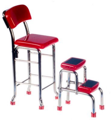 1950's Kitchen Stool with Steps, Red