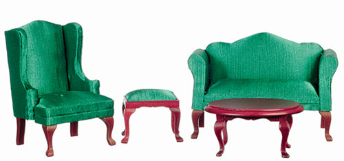 Queen Anne Living Room Set, 4pc, Green, Mahogany