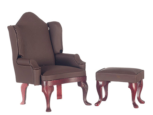 Wing Chair & Ottoman, Flat Brown