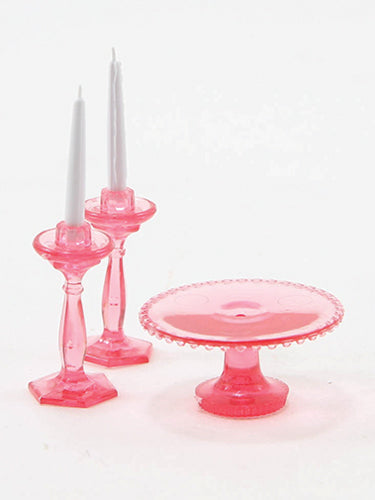 Cake Plate & 2 Candlesticks, Pink