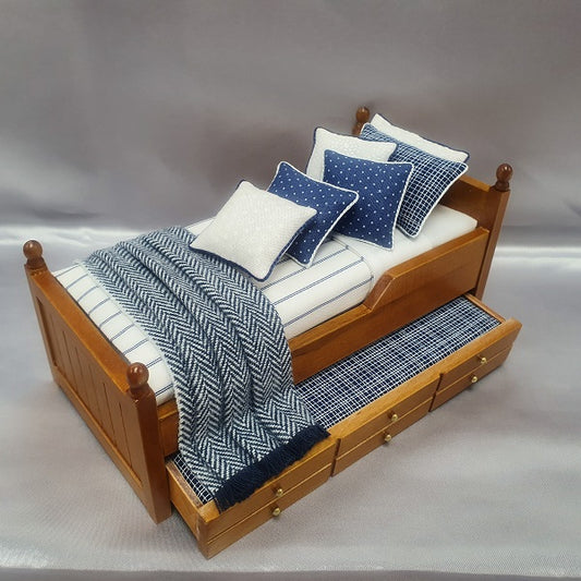 Walnut Trundle Single Bed, Navy & White Stripe Design