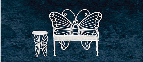 Butterfly Bench & Table, White Wicker Iron