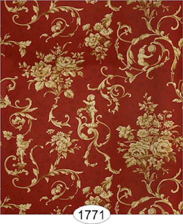 Velvet Swag Toile Deep Red, Gold Wallpaper