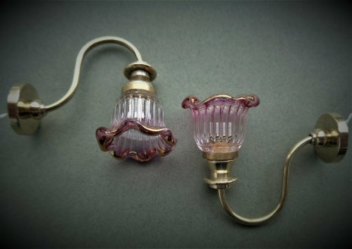 Brass Sconce, Cranberry Edge Shade, Pair