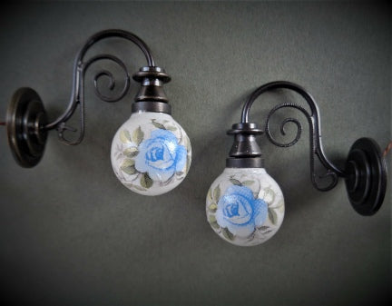 Sconce, Ball Shade with Blue Rose, Large Scroll, Pair